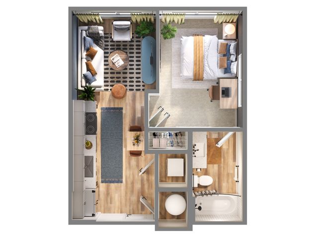 Modern apartment floor plan showcasing a cozy bedroom, spacious living area, sleek kitchen, and elegant bathroom, designed for comfort and style.