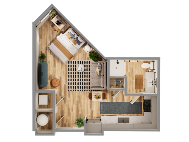 Charming 1-bedroom modern apartment layout featuring an open living area, sleek kitchen, and inviting decor.