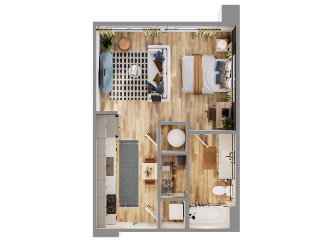 Modern 2D floor plan showcasing an elegant one-bedroom apartment with open-plan living area, chic kitchen, and stylish bathroom, featuring wood flooring and tasteful decor.