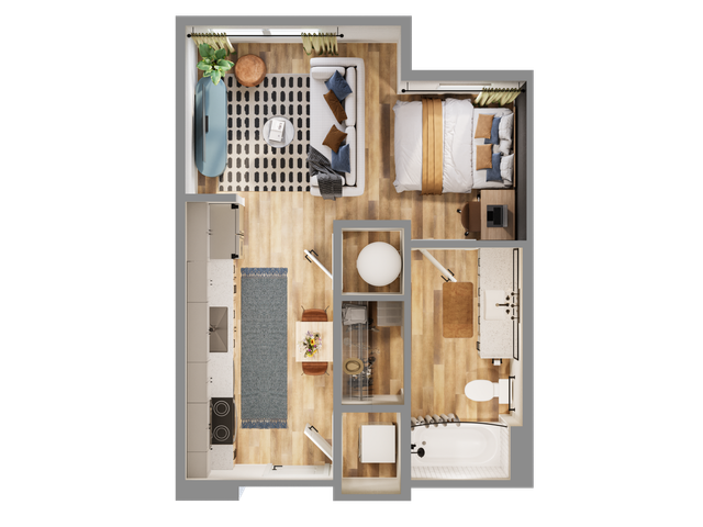 Contemporary floor plan highlighting a cozy bedroom, modern kitchen with sleek appliances, inviting living area, and elegant bathroom.