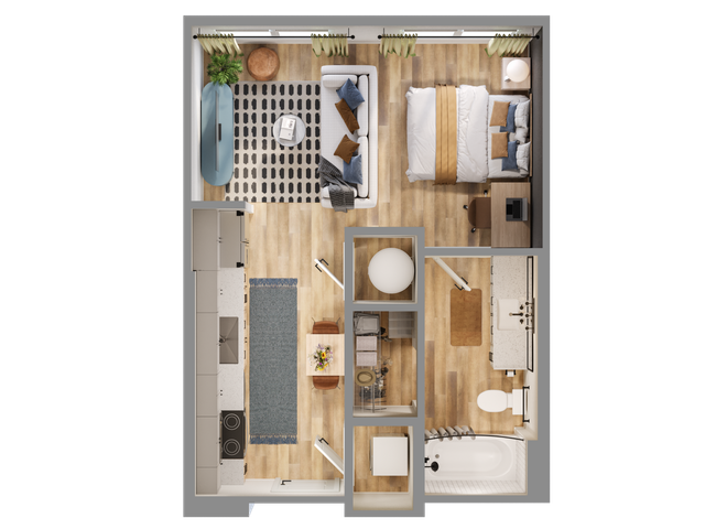 Chic 1-bedroom apartment floor plan with an open-concept living area, modern kitchen, and stylish bathroom.
