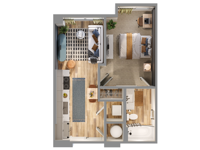 Modern 2D floor plan with cozy 1-bedroom, open living area, sleek kitchen, and stylish bathroom.