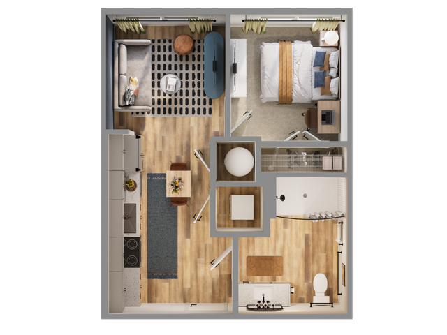 Modern floor plan featuring a cozy open-concept living area, one spacious bedroom, and a sleek kitchen with elegant finishes.