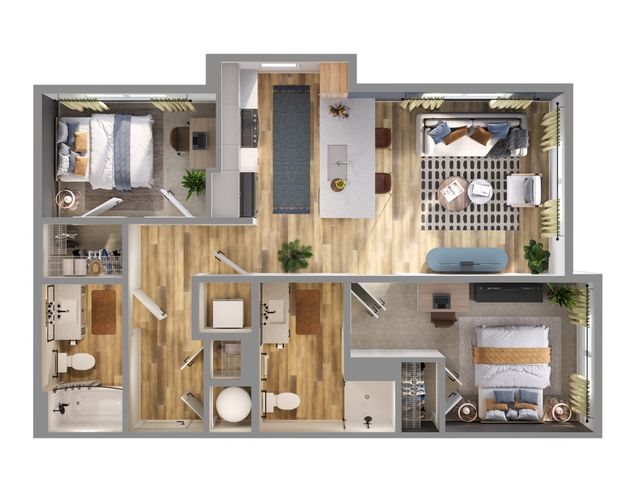 Contemporary 2D floor plan showing a stylish apartment with 2 bedrooms, a modern open kitchen, and a cozy living area.