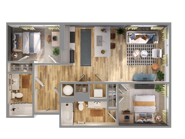 Chic floor plan of a modern apartment featuring 2 bedrooms, spacious living room, gourmet kitchen, and 2 elegant bathrooms.