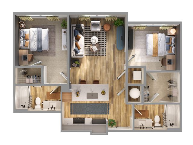 Elegant 3D floor plan showcasing two spacious bedrooms, a modern open-concept living and dining area, sleek kitchen with island, and two stylish bathrooms.
