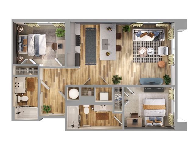 Modern 3D floor plan featuring 2 spacious bedrooms, a sleek open kitchen, cozy living area, and elegant wooden flooring.