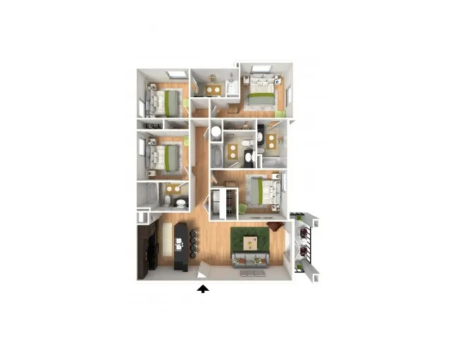 A 3D model of a four bedroom apartment | Apartments in Milledgeville, GA | Bellamy Milledgeville