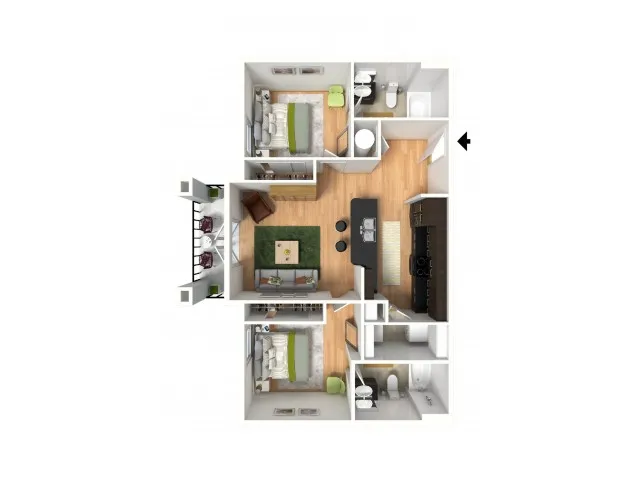 A 3D model of a two bedroom apartment | Apartments in Milledgeville, GA | Bellamy Milledgeville