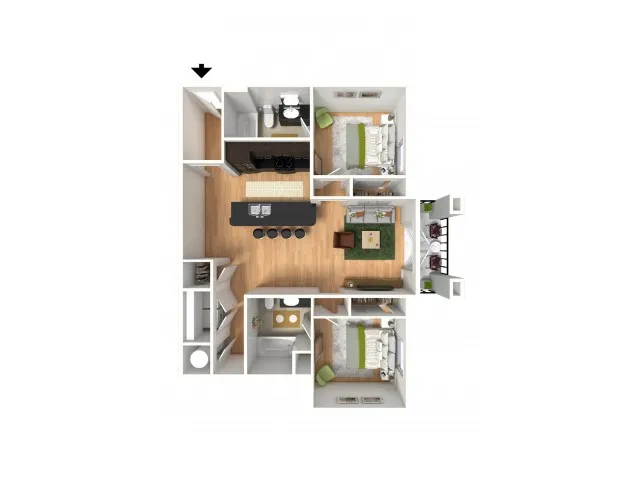 A 3D model of a two bedroom apartment floor plan | Apartments in Milledgeville, GA | Bellamy Milledgeville