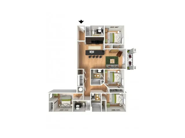 A 3D model of a four bedroom apartment floor plan | Apartments in Milledgeville, GA | Bellamy Milledgeville