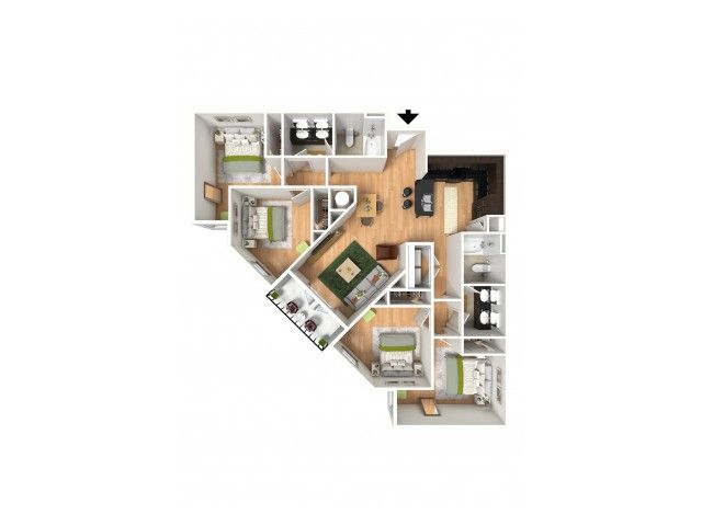 A 3D model of a four bedroom apartment | Apartments in Milledgeville, GA | Bellamy Milledgeville