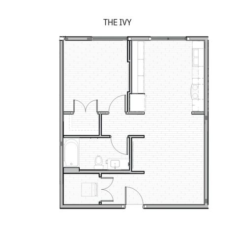 The Ivy floor plan showcasing a 1-bedroom, open living area, and sleek kitchen design.