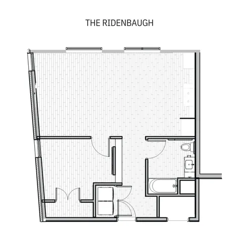 The Ridenbaugh floor plan illustrating a single-bedroom apartment with a spacious living area and modern kitchen.
