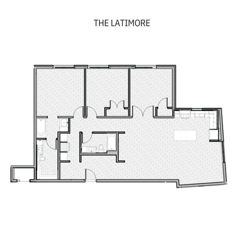 The Latimore floor plan showcasing 3 bedrooms, a contemporary kitchen, large living area, and two bathrooms.