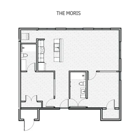 The Moris apartment floor plan featuring a spacious open-concept design with two bedrooms and two bathrooms.