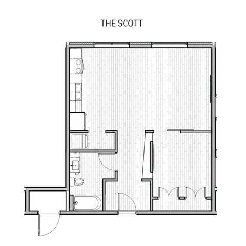 Floor plan of The Scott featuring spacious living area, modern kitchen, and bathroom layout.