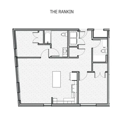 Floor plan of The Rankin displaying two bedrooms, open living area, and two bathrooms.