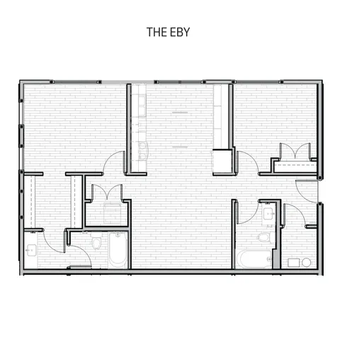 The Eby floor plan showcasing a spacious layout with three bedrooms, two bathrooms, and an open living-dining area.