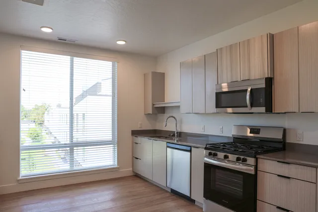 Modern kitchen with sleek appliances, generous natural light from large window, and elegant cabinetry.