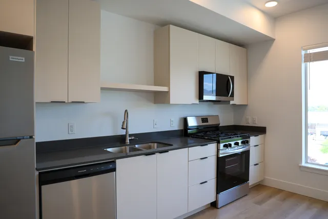 Contemporary kitchen with sleek stainless steel appliances, glossy countertops, and ample cabinet storage.