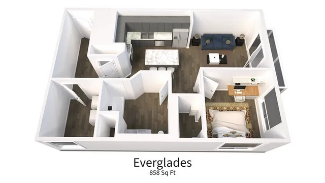 Innovative 3D floor plan of the Everglades apartment featuring 1 bedroom, open living area, and modern kitchen, 858 sq ft.