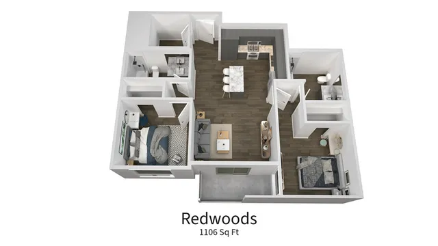 3D floor plan of Redwoods apartment, featuring two bedrooms, an open kitchen, and a cozy living space, totaling 1106 sq ft.