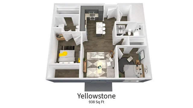 3D floor plan of the Yellowstone apartment showing two bedrooms, a modern kitchen, and a spacious living area.