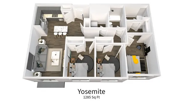 3D floor plan of the Yosemite apartment featuring 3 bedrooms, a stylish kitchen, and an inviting living space, encompassing 1285 sq ft.