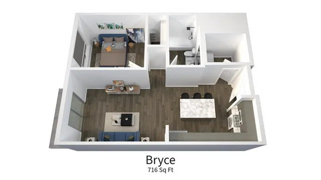 Bright and sophisticated 3D floor plan of 716 sq ft featuring a bedroom, modern living area, sleek kitchen with an island, and a bathroom.