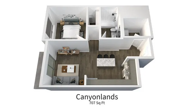 3D floor plan featuring 1 bedroom, a modern kitchen, and open living space in 707 sq ft.