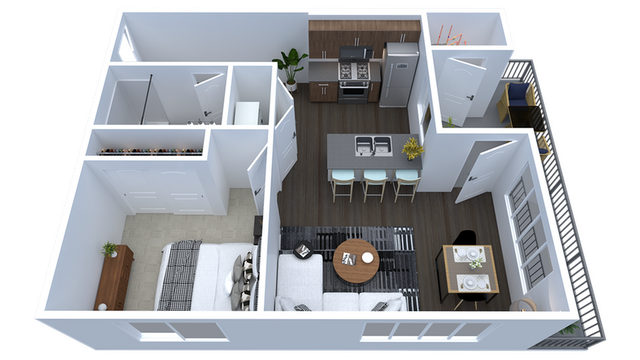Modern 3D floor plan with a cozy bedroom, sleek kitchen with bar seating, inviting living area, and charming dining space.