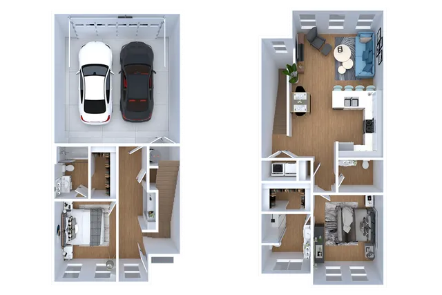 Contemporary 3D floor plan showcasing 2-bedroom apartment with open-plan kitchen, stylish living area, and double garage.