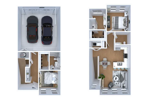 Modern two-story floor plan showcasing a double garage, two bedrooms, open-concept kitchen, and cozy living area with elegant finishes.