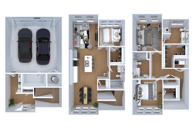 Elegant 3D floor plan showcasing a three-story layout with a double garage, open-concept kitchen and living area, two spacious bedrooms, and modern bathrooms.