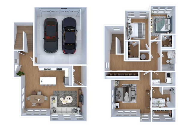 Modern two-story floor plan showcasing a spacious garage for two cars, an open-concept living and dining area with sleek kitchen on the lower level, and three serene bedrooms upstairs with contemporary bathrooms.