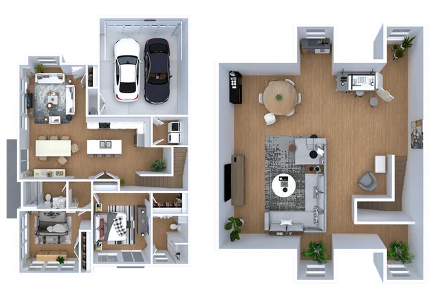 Contemporary 3D floor plan showcasing a spacious two-story home with an open-concept kitchen, living and dining areas, four bedrooms, three bathrooms, and a two-car garage.