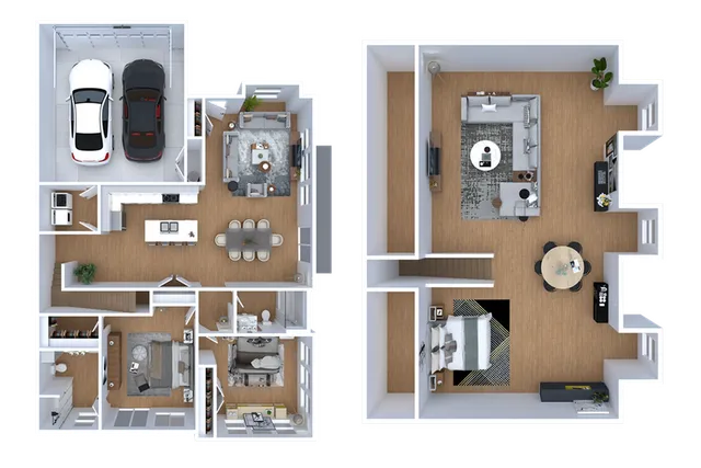 Modern two-story floor plan with spacious living areas, four bedrooms, sleek kitchen, and two-car garage.