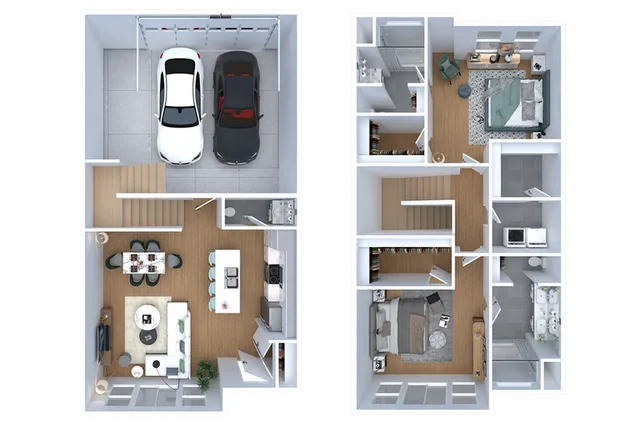 Modern 3D floor plan showcasing a two-story apartment with two bedrooms, spacious living area, stylish kitchen, and two-car garage.