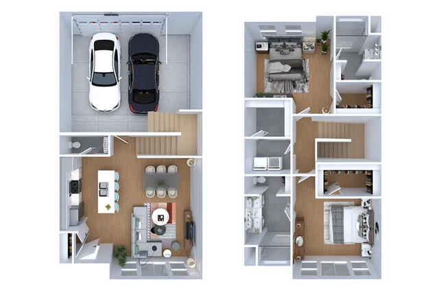 Modern 2-story floor plan featuring an open-concept living area, stylish kitchen, and a spacious 2-car garage. Upstairs includes a luxurious master bedroom, additional bedroom, and laundry room, perfect for contemporary living.