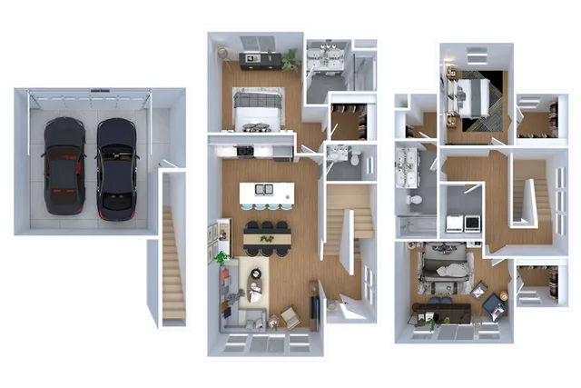 Spacious floor plan with three bedrooms, modern kitchen, cozy living area, and two-car garage.