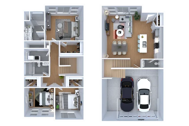 Modern duplex floor plan featuring three cozy bedrooms, spacious open-concept living and dining area, sleek kitchen, and a convenient two-car garage.