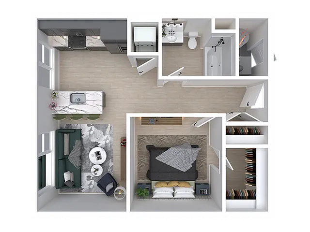 Contemporary one-bedroom apartment floor plan featuring modern kitchen, cozy living room, spacious bedroom, and full bathroom with a luxurious layout.