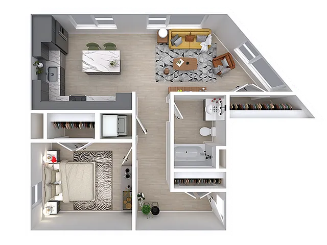 Modern L-shaped floor plan featuring 1 bedroom, open-concept kitchen with island seating, and a cozy living area with stylish decor.