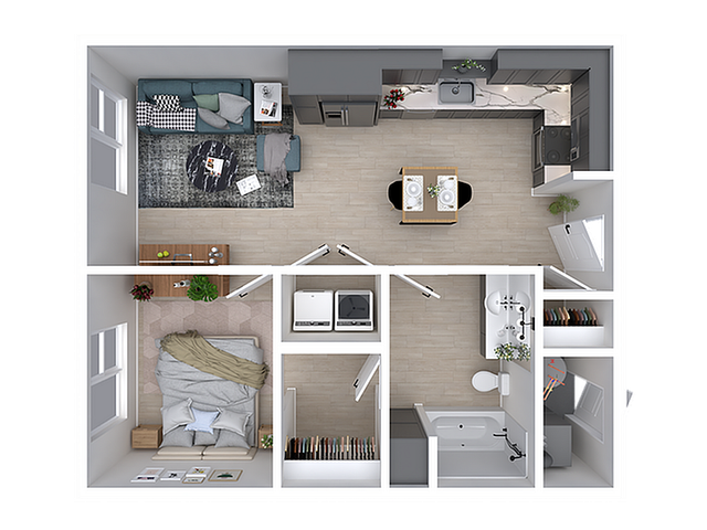 Modern 2D floor plan featuring a cozy one-bedroom apartment with an open-concept living area, stylish kitchen, and elegantly designed bathroom. Perfect for urban living.