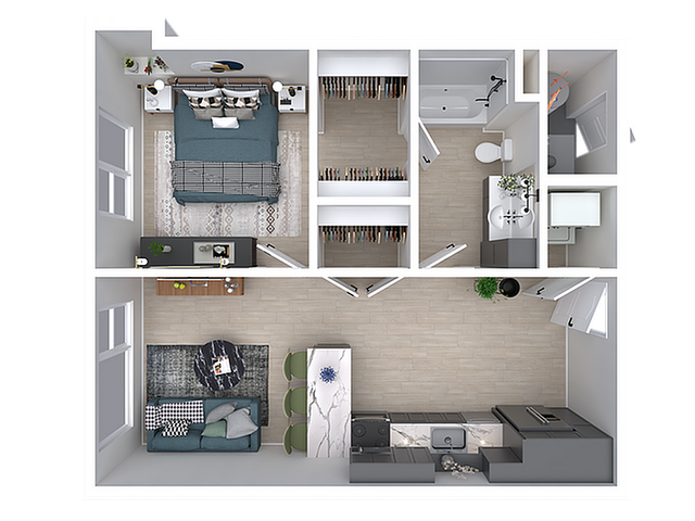 Chic and modern 3D floor plan featuring a cozy bedroom, elegant living area, and sleek kitchen with integrated dining space.
