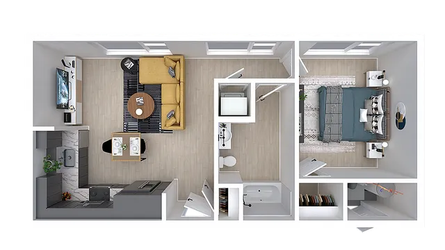 Modern 3D floor plan showcasing an elegant one-bedroom apartment with an open-plan living area, sleek kitchen, and stylish bathroom.