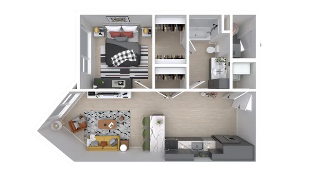 Modern 3D floor plan showcasing a cozy 1-bedroom apartment with an open living and dining area, sleek kitchen, and spacious bathroom.