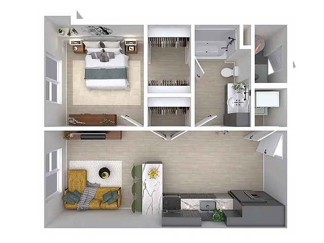 Charming 3D floor plan showcases a modern single-bedroom apartment with a stylish living area, functional kitchen, and a sleek bathroom.