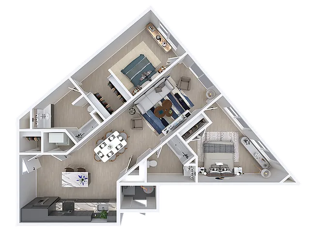 Unique triangular floor plan featuring 2 bedrooms, open-concept living and dining area, and modern kitchen design.